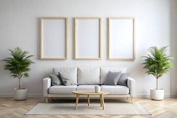 Minimalist Living Room with White Sofa and Three Frames.