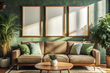 Modern Living Room with Green Wall and Blank Frames.