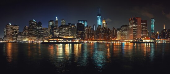 Obraz premium Panoramic night view of the New York skyline with neon-lit skyscrapers and reflections in the water, featuring Manhattan island.