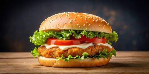 Crispy chicken burger with lettuce, tomato, and mayo on a sesame seed bun , fast food, delicious, meal, sandwich, fried