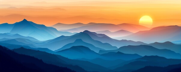 Mountain horizon, vibrant sunrise, expansive view, flat design illustration