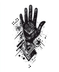 Fototapeta premium A stylized black hand with intricate geometric patterns and splashes of texture.