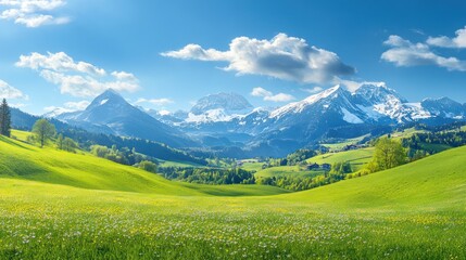 Lush Green Meadow with Wildflowers and Snow-Capped Mountains