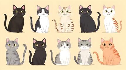 Cartoon Cats of Different Breeds on Pale Yellow Background