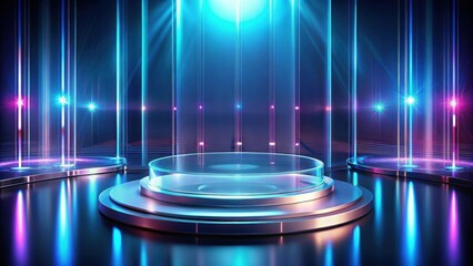 Futuristic product display background with glass podium and floating holograms , technology, futuristic