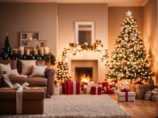 Beautiful interior of a living room for Christmas in warm cozy brown tones. Christmas tree, lights and gifts.