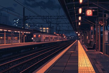Naklejka premium Nighttime train station with soft, comforting lights and a peaceful, quiet platform. Cozy vibe, Generative AI