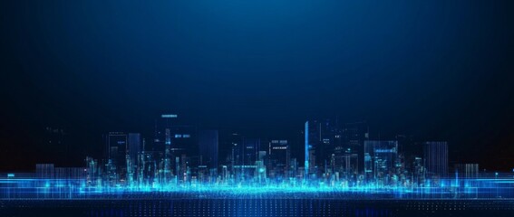 Naklejka premium Futuristic blue city skyline with glowing digital effects and dark urban landscape, featuring a grid of lines and subtle lights. Ideal for tech, digital, or sci-fi concepts.