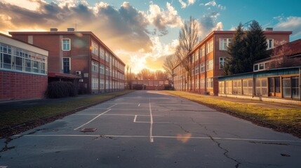 Empty Schoolyard with Brick Buildings at Sunset