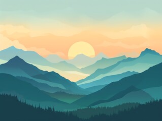 Obraz premium Sunrise casting light on mountains, peaceful dawn, flat design illustration