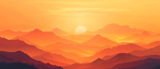 Fototapeta premium Sunrise over mountains, golden light, peaceful dawn, flat design illustration