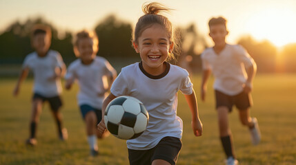 Obraz premium A group of children playing soccer on a sunny day, full of energy and joy. The leading child is smiling brightly, holding the soccer ball, with teammates running behind, enjoying the game.