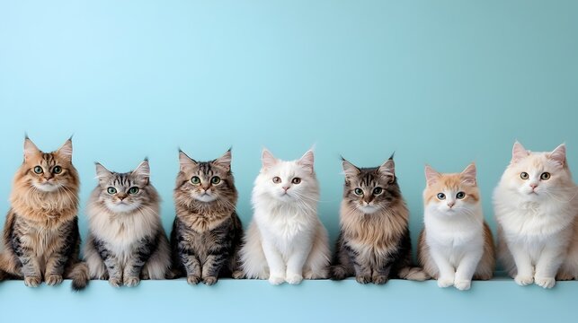 Diverse Cats of the World Posing in Powder Blue Magazine Style Image