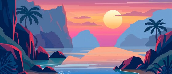 Rocky coastal cliffs, sunset backdrop, scenic view, flat design illustration