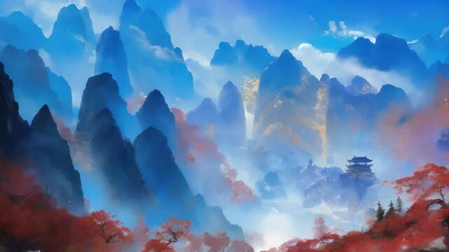 Digital Painting of a Japanese Temple in a Mountainous Landscape with Red Trees and Blue Mountains under a Cle