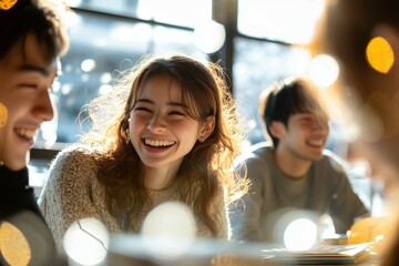 カフェで談笑する日本人の大学生の男女
