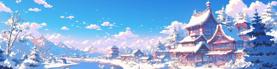 Fototapeta premium Enchanting Snow Village: Anime-Style Illustration of China's Famous Winter Wonderland. Serene Landscape with Snow-Covered Houses and Vast White Plains. Perfect for NFT Art, Wallpapers, Apparel Design,
