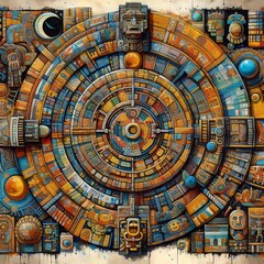 64 Mesoamerican Calendar A mixed media portrayal of a Mesoameric