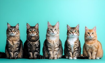 Variety of Adorable Cats Sitting Together on Tender Mint Background
