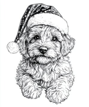 recommend clip art: Black and white Vintage engraved art of a Bichon Frise with a Christmas Santa hat, isolated on white background, ink sketch illustration, simple vector art design, highly detailed line art