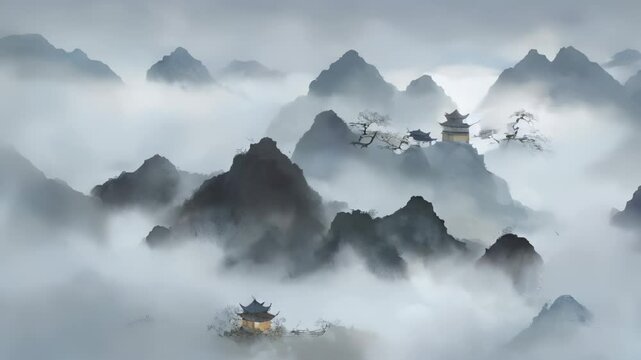 Mountain Temple in Misty Landscape