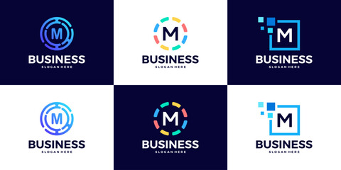 Collection of Technology letter M logo design template. Initials symbol for Business, Start up, Artificial Intelligence.