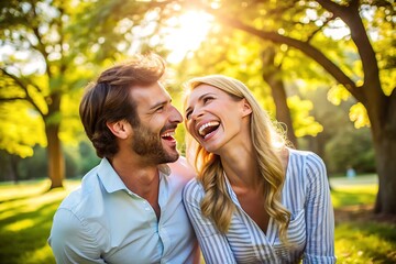 Obraz premium Happy Couple Laughing Together in the Park.