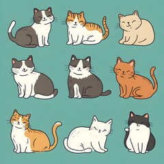 Cartoon Style Depiction of Various Worldwide Domestic Cat Breeds Posed on Tranquil Aqua Background