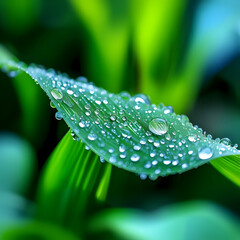 Beautiful details of nature. Morning dew drops on fresh green leaf,  Drops of clean transparent water on leaves, Spring summer natural background, the rain drops on the green leaf in closeup, concept 