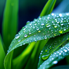 Beautiful details of nature. Morning dew drops on fresh green leaf,  Drops of clean transparent water on leaves, Spring summer natural background, the rain drops on the green leaf in closeup, concept 