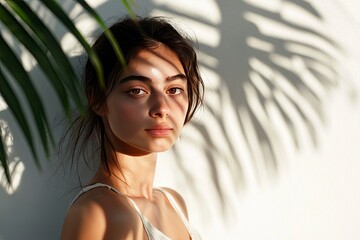 Young Woman with Shadow of Palm Leaves on White Wall, ai