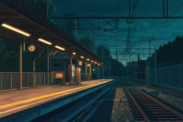 Train station at night with gentle lighting and an empty platform bathed in soft hues. Cozy vibe, Generative AI