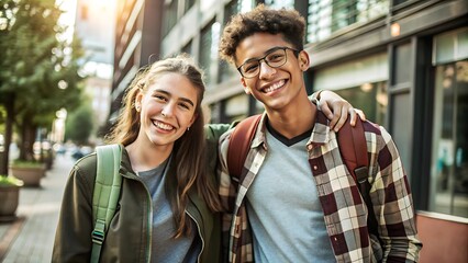 Naklejka premium Happy Diverse Teenagers Friends Walking Together in the City.