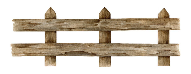 Obraz premium Wooden fence element. Watercolor vintage style painted illustration. Farm, ranch, village, countryside old wooden seamless fence. Outdoors element border isolated on white background