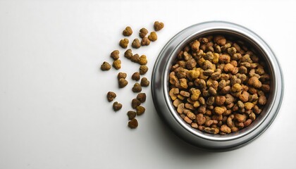 There is cat food on a white background, there is an empty space for text. Wallpapers