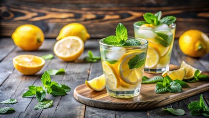 Fototapeta premium Refreshing summer cocktail with fresh lemon and mint , Mojito, cocktail, refreshment, summer, citrus, slices, mint, alcoholic beverage