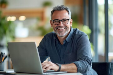 Happy middle aged professional business man, older executive ceo manager, smiling mature entrepreneur wearing glasses and shirt sitting at office desk working on laptop computer. Copy space, ai