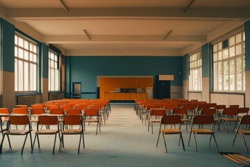 Fototapeta premium Empty classroom with chairs and tables in a school hall , ai