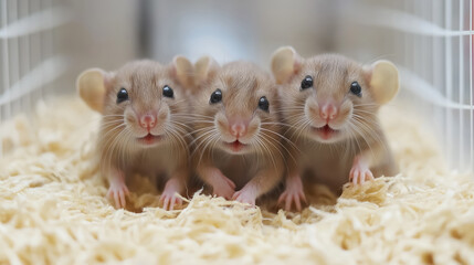 Three adorable baby rats with wide eyes and tiny paws sit close together on soft bedding, peering curiously into the camera with their whiskers twitching.
