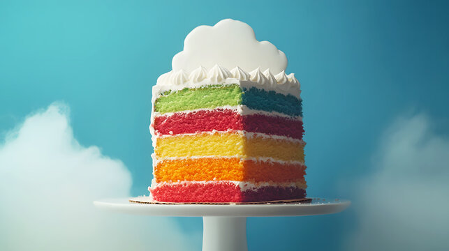 Rainbow Cake with layers in every color of the rainbow, topped with a white frosting cloud