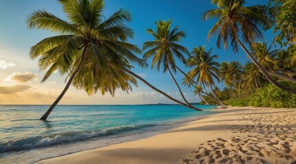 Obraz premium A serene beach scene with palm trees and clear water under a blue sky.