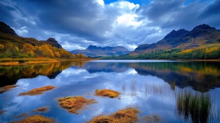 Mountain Lake with Autumn Foliage and Cloudy Sky