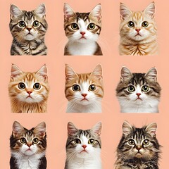 Diverse Collection of Adorable Domestic Feline Portraits on Peach Background
