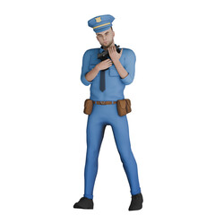 Animated 3D Law Illustration. A male policeman standing with both hands holding a gun in front of his chest. Professional Cartoon Police