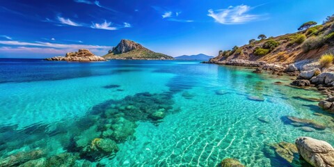 Beautiful seaview of a Greek island with crystal clear turquoise waters and vibrant blue skies, seaview