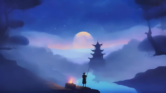 Moonlit Night with Temple and Figure by Water