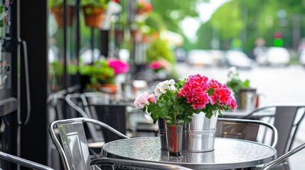 Pink and white flowers in a silver pot on a table outside a cafe with chairs.