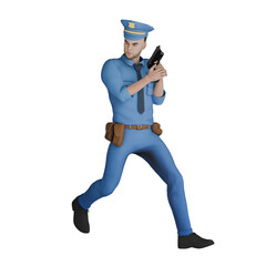 Professional Cartoon Police 3D Art. A male policeman runs while turning his head to the right and holding a gun in both hands. Male Character