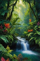 A serene jungle scene featuring a waterfall surrounded by lush greenery and colorful plants.