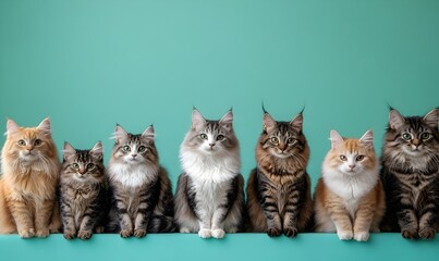 Various Breeds of Cats Sitting in a Row on Turquoise Background
